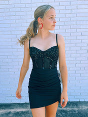 Glitter Black Corset Satin Asymmetrical Tight Short Homecoming Dress with Sequins