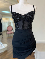 Glitter Black Corset Satin Asymmetrical Tight Short Homecoming Dress with Sequins
