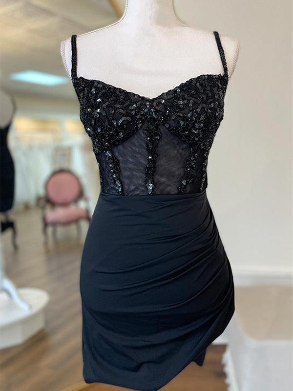 chinese dress ladies Zapaka Women Black Homecoming Dress with Beading Spaghetti Straps Corset Short Satin Cocktail Dress, Black / US20W main image 0
