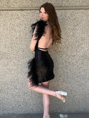 Glitter Black V-Neck Short Homecoming Dress With Feather