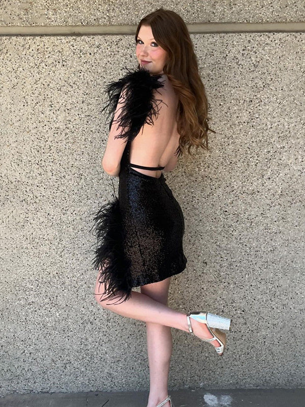 Glitter Black V-Neck Short Homecoming Dress With Feather