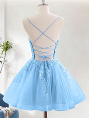 Glitter Blue A Line Sequins Short Homecoming Dress with Appliques