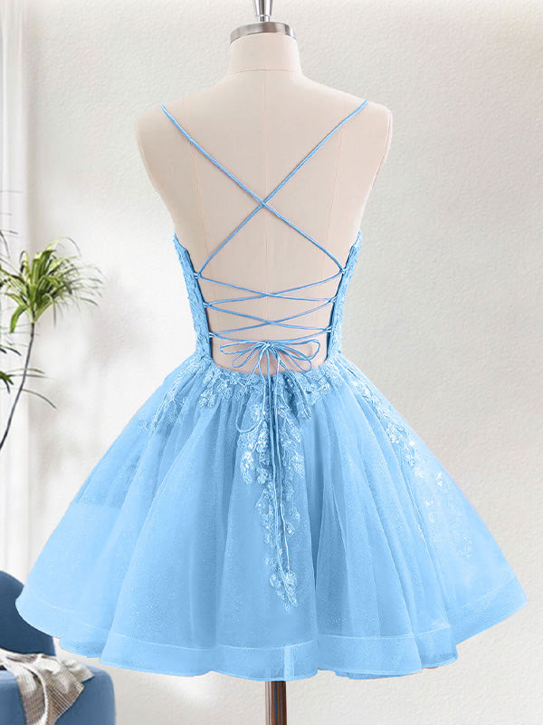 Glitter Blue A Line Sequins Short Homecoming Dress with Appliques