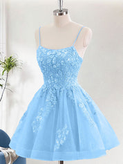 Glitter Blue A Line Sequins Short Homecoming Dress with Appliques