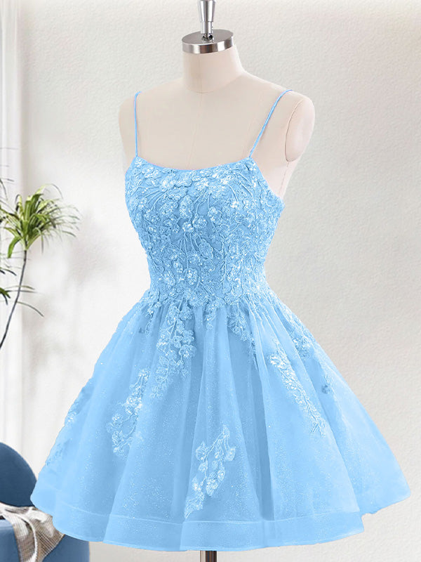 Glitter Blue A Line Sequins Short Homecoming Dress with Appliques