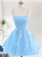 Glitter Blue A Line Sequins Short Homecoming Dress with Appliques