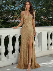 Glitter Bodycon Spaghetti Straps Sweetheart Long Prom Dress with Slit
