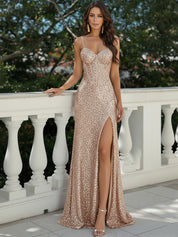 Glitter Bodycon Spaghetti Straps Sweetheart Long Prom Dress with Slit