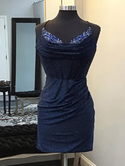 Glitter Navy Bodycon Sweetheart Tight Short Homecoming Dress with Beadings