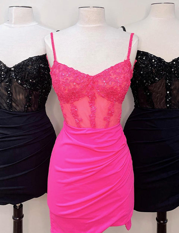 Glitter Coral Corset Satin Asymmetrical Tight Short Homecoming Dress with Sequins