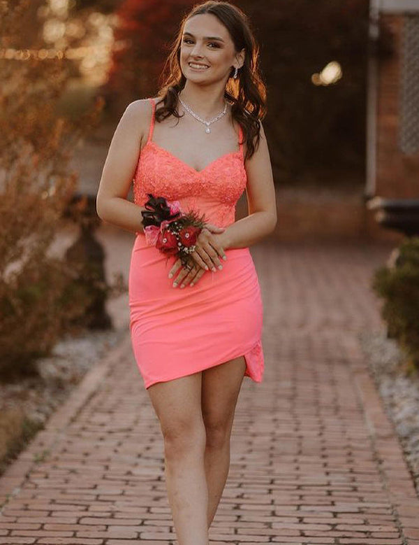 Glitter Coral Corset Satin Asymmetrical Tight Short Homecoming Dress with Sequins