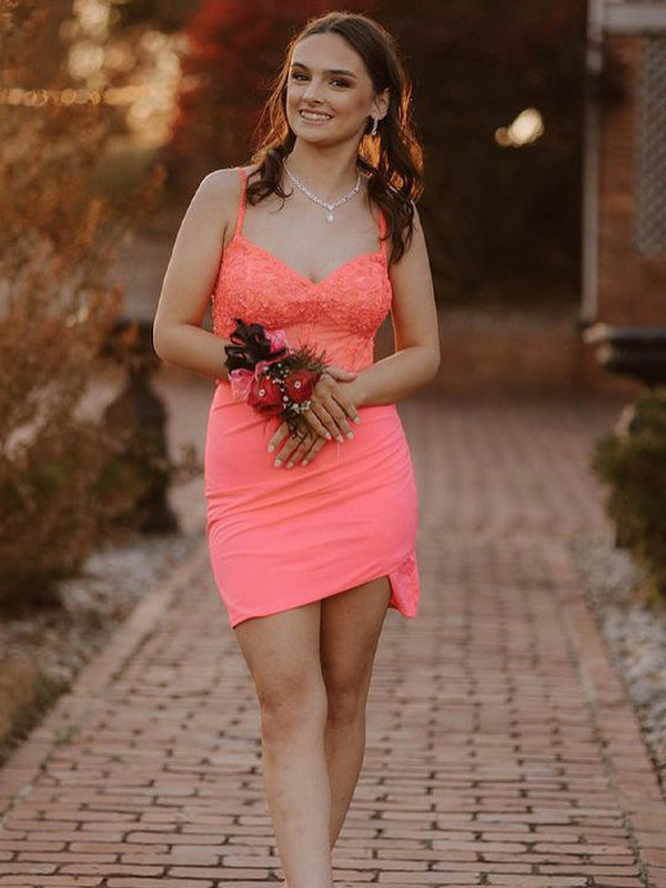 Glitter Coral Corset Satin Asymmetrical Tight Short Homecoming Dress with Sequins
