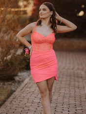 Glitter Coral Corset Satin Asymmetrical Tight Short Homecoming Dress with Sequins