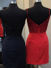 Glitter Dark Red Corset Satin Asymmetrical Tight Short Homecoming Dress with Sequins
