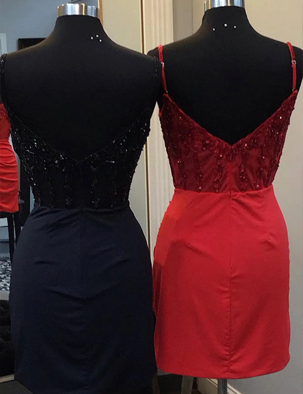 Glitter Dark Red Corset Satin Asymmetrical Tight Short Homecoming Dress with Sequins