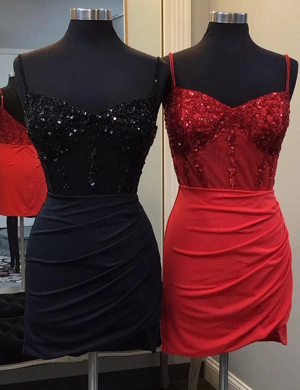 Glitter Dark Red Corset Satin Asymmetrical Tight Short Homecoming Dress with Sequins