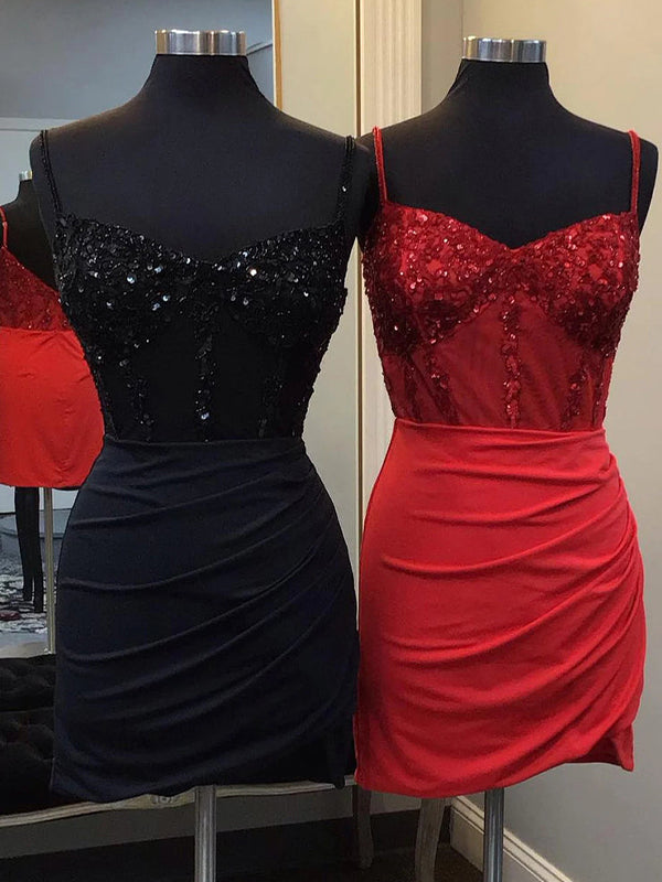 Glitter Dark Red Corset Satin Asymmetrical Tight Short Homecoming Dress with Sequins