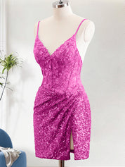 Glitter Hot Pink Tight Spaghetti Straps Corset Short Homecoming Dress with Sequins