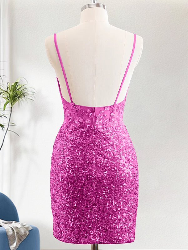 Glitter Hot Pink Tight Spaghetti Straps Corset Short Homecoming Dress with Sequins
