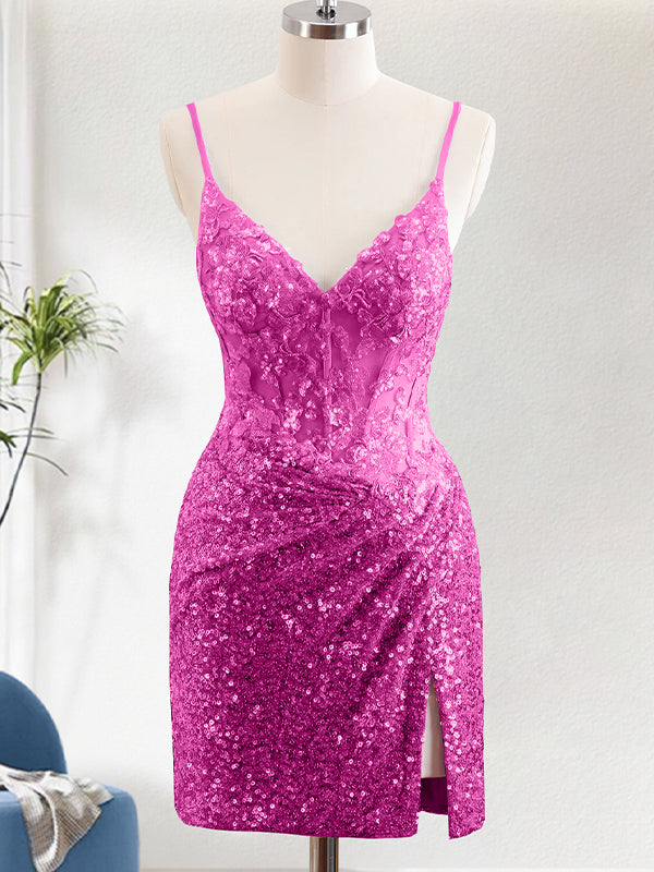 Glitter Hot Pink Tight Spaghetti Straps Corset Short Homecoming Dress with Sequins