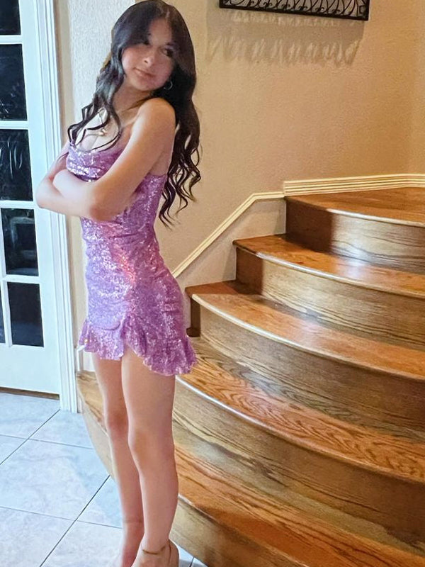 Glitter Lavender Bodycon Spaghetti Straps Ruffled Hem Sequin Short Homecoming Dress