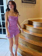 Glitter Lavender Bodycon Spaghetti Straps Ruffled Hem Sequin Short Homecoming Dress