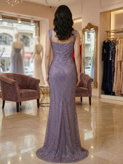 Glitter Lavender Off The Shoulder Shimmer Ruched Prom Dress with Slit