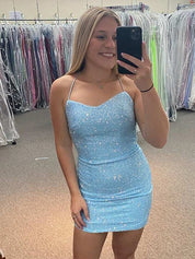 Glitter Light Blue Corset Back Short Homecoming Party Dress