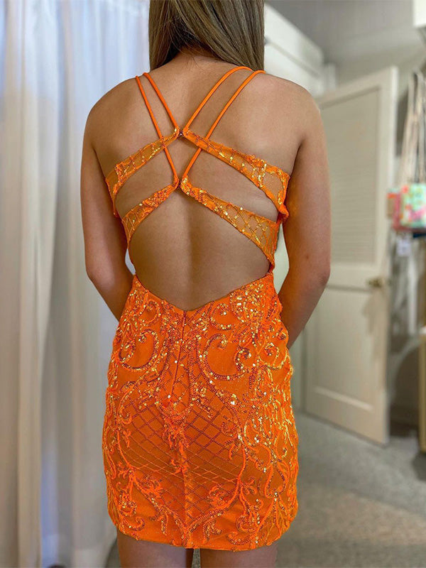 Glitter Orange Bodycon Criss-Cross Back Homecoming Dress