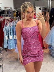 Glitter Pink Sequin Spaghetti Straps Homecoming Party Dress With Pleating