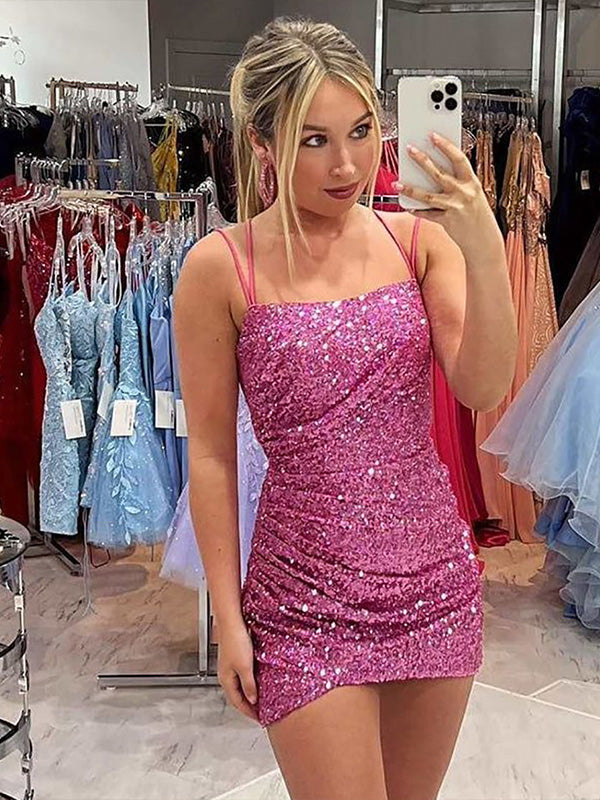 Glitter Pink Sequin Spaghetti Straps Homecoming Party Dress With Pleating