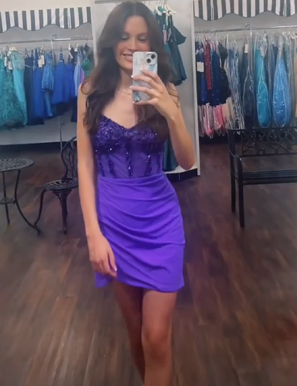 Glitter Purple Corset Satin Asymmetrical Tight Short Homecoming Dress with Sequins