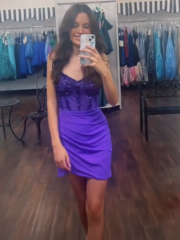 Glitter Purple Corset Satin Asymmetrical Tight Short Homecoming Dress with Sequins