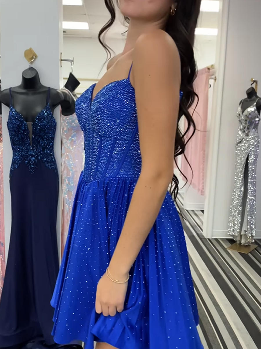 Glitter Royal Blue A-Line Spaghetti Straps Short Homecoming Dress with Beaded