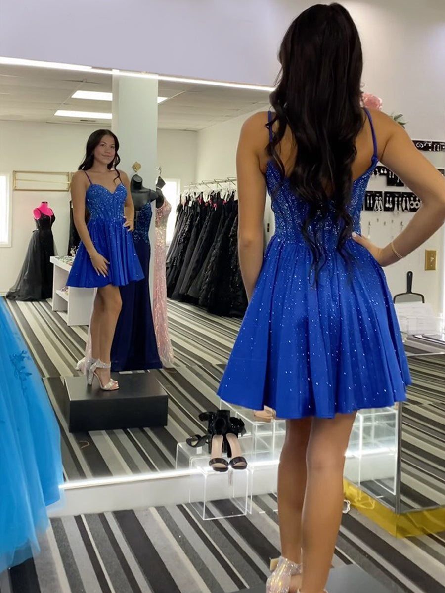 Glitter Royal Blue A-Line Spaghetti Straps Short Homecoming Dress with Beaded