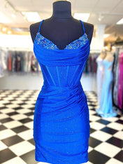 Glitter Royal Blue Bodycon Sweetheart Tight Short Homecoming Dress with Beadings