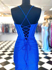 Glitter Royal Blue Bodycon Sweetheart Tight Short Homecoming Dress with Beadings