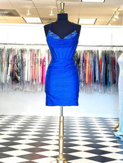 Glitter Royal Blue Bodycon Sweetheart Tight Short Homecoming Dress with Beadings