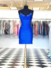 Glitter Royal Blue Bodycon Sweetheart Tight Short Homecoming Dress with Beadings