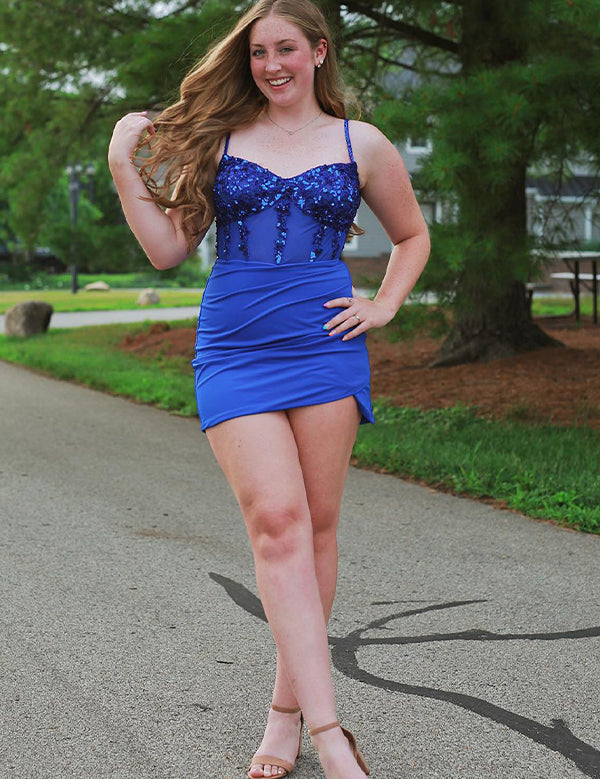 Glitter Royal Blue Corset Satin Asymmetrical Tight Short Homecoming Dress with Sequins