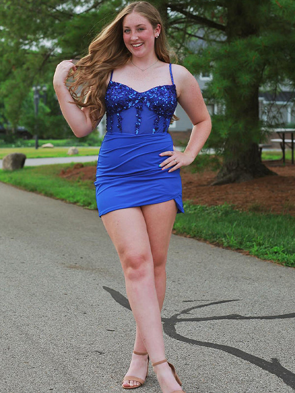 Glitter Royal Blue Corset Satin Asymmetrical Tight Short Homecoming Dress with Sequins