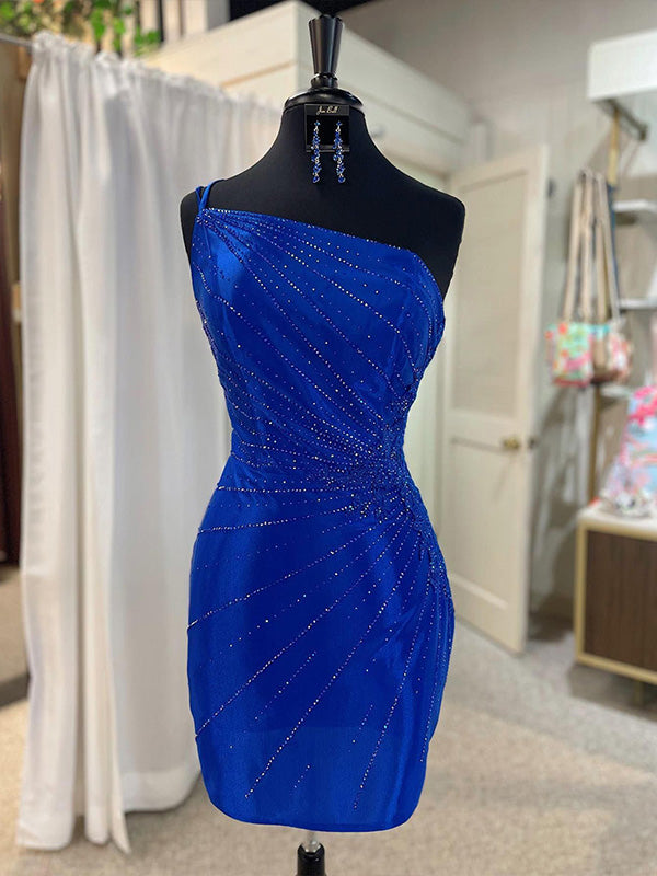 Glitter Royal Blue One Shoulder Tight Homecoming Dress