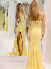 Glitter Yellow Mermaid V Neck Satin Long Prom Dress with Slit