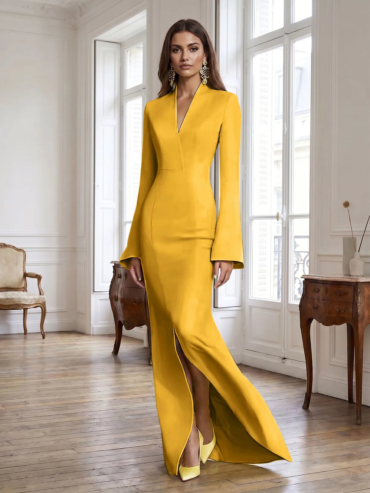 Yellow Long Bell Sleeve Mermaid Evening Gown with Asymmetric V-Neck Formal Dresses