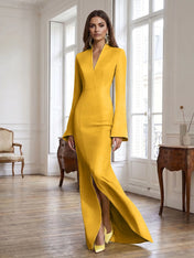 Yellow Long Bell Sleeve Mermaid Evening Gown with Asymmetric V-Neck Formal Dresses