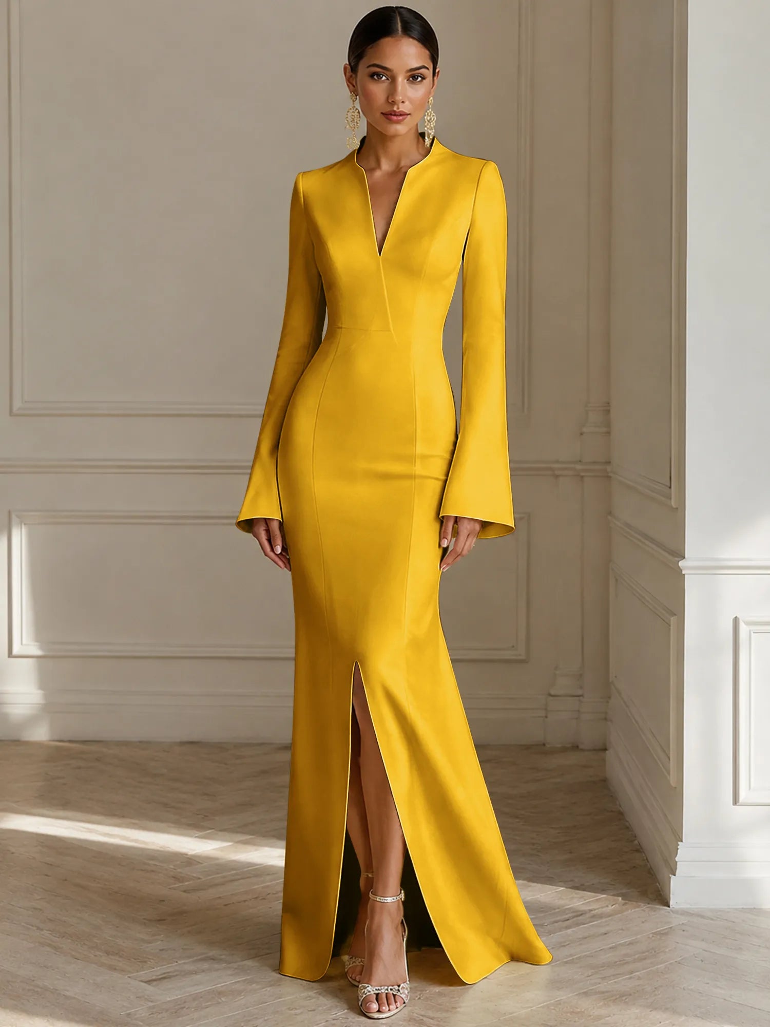Formal Yellow V Neck Long Sleeves Floor Length Dress With Slit