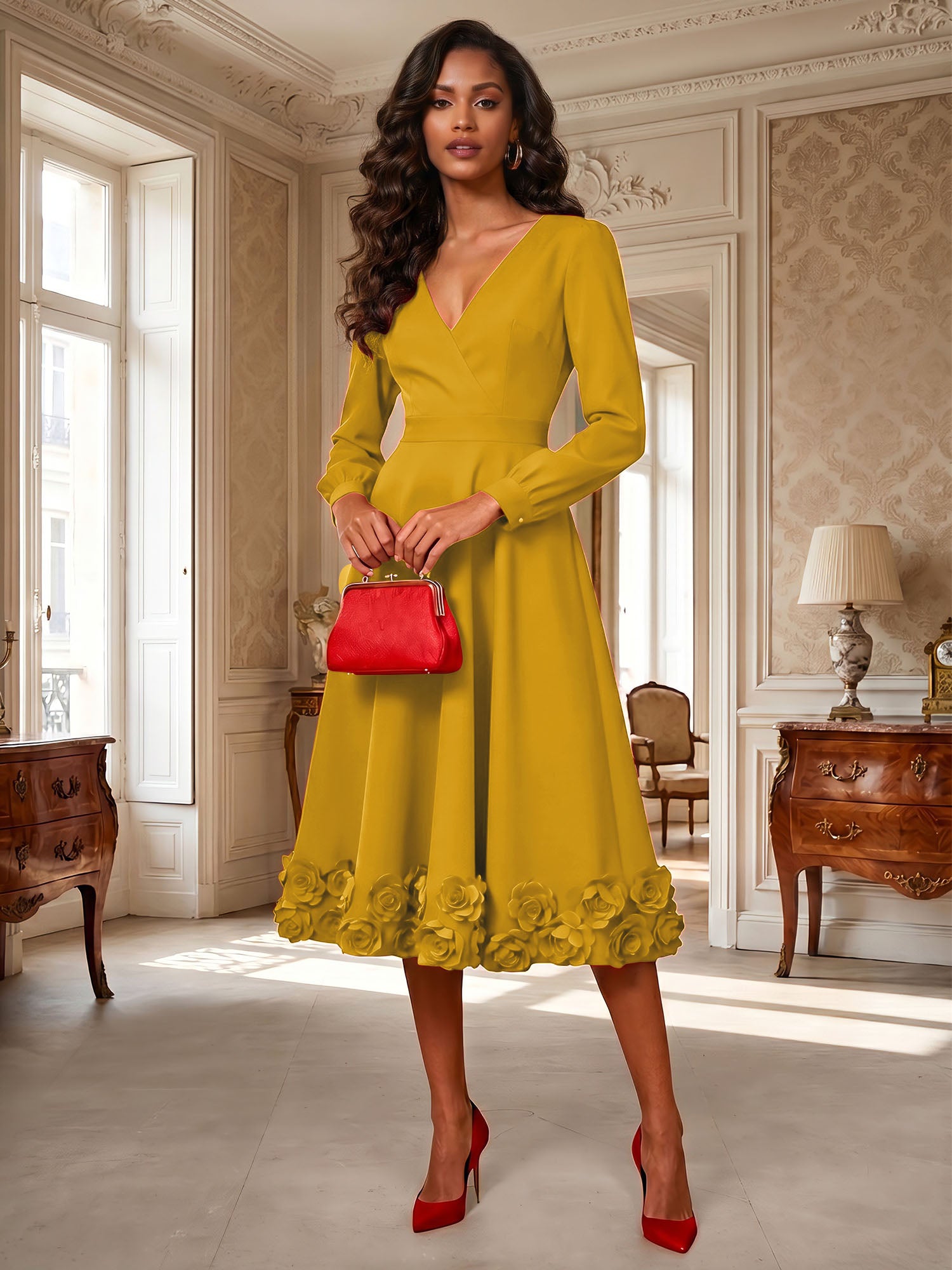 Formal Evening Gown Crimson 3D Rose Hem A-Line Midi Dress