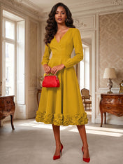Formal Evening Gown Crimson 3D Rose Hem A-Line Midi Dress