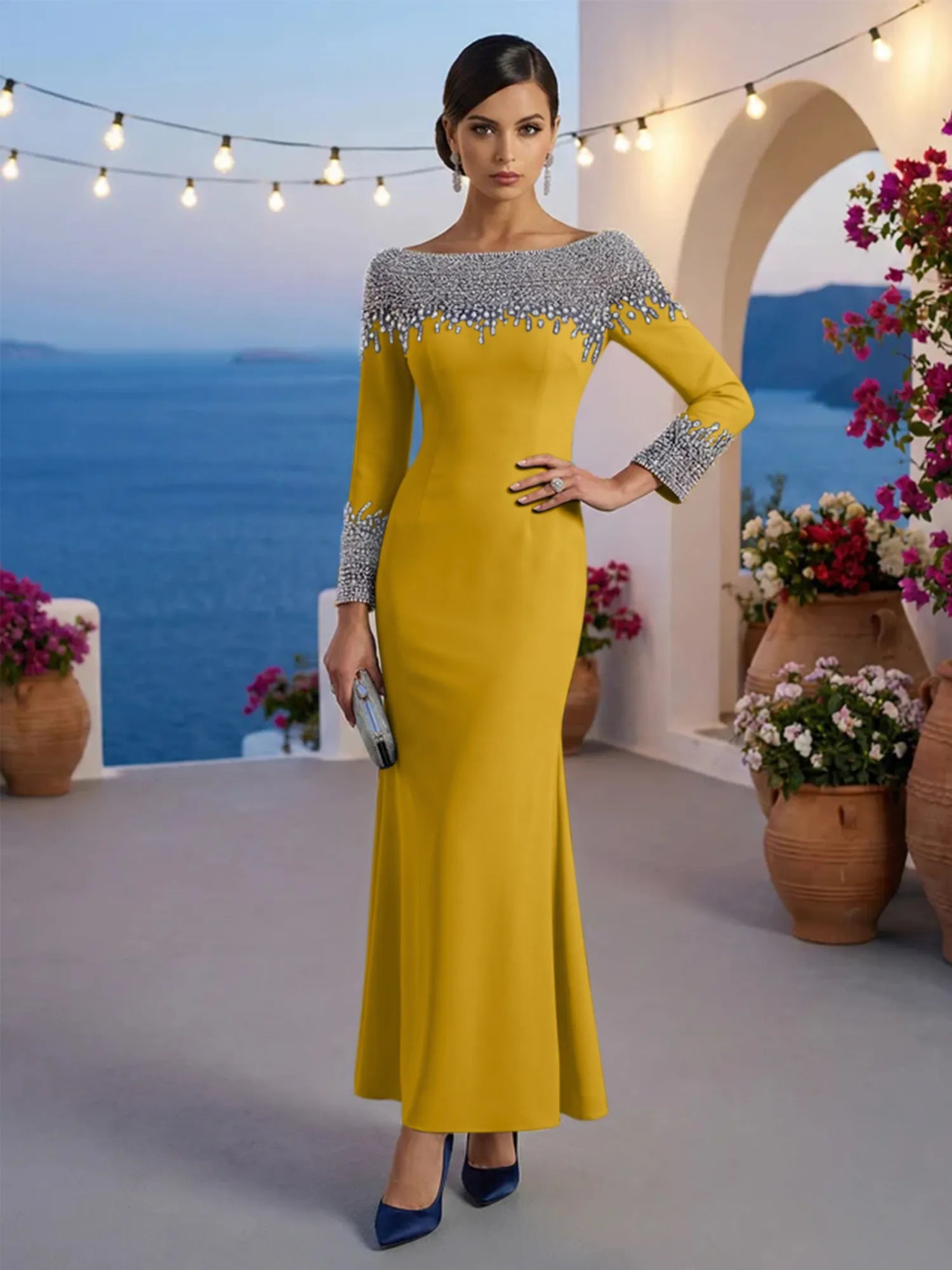 Formal Evening Dress Blue Velvet Long Sleeves Maxi Dress with Crystal