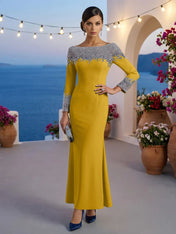 Formal Evening Dress Blue Velvet Long Sleeves Maxi Dress with Crystal